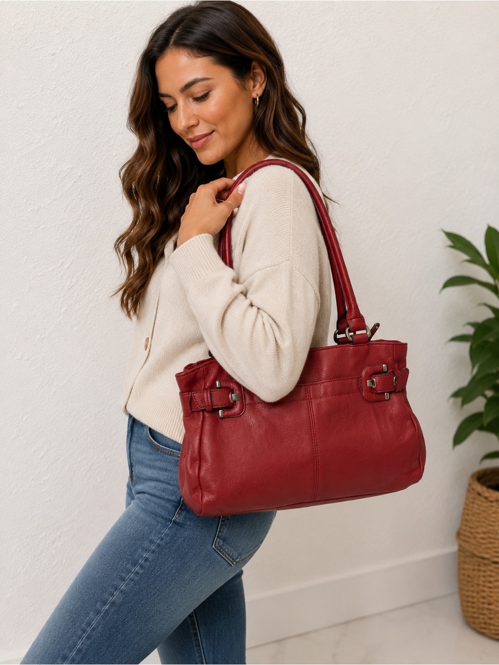 Tignanello Rich Red pebble Leather Shoulder Tote